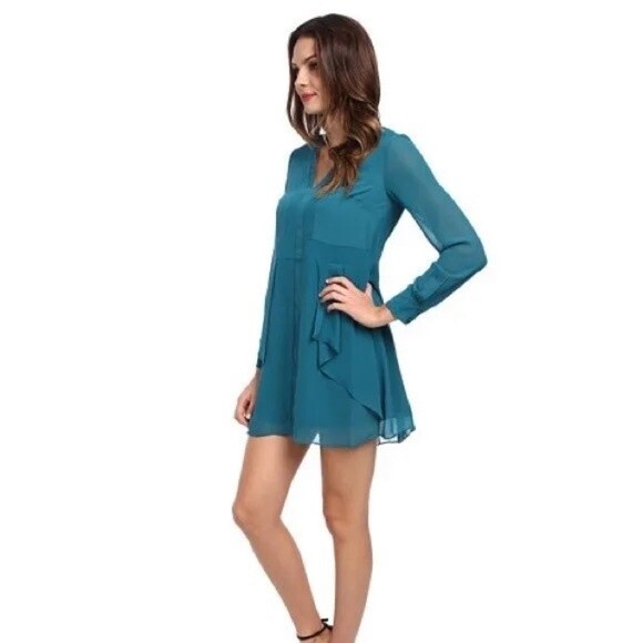 BCBGENERATION | Viridian Long Sleeve Ruffle Green Midi Dress XS - Picture 3 of 10